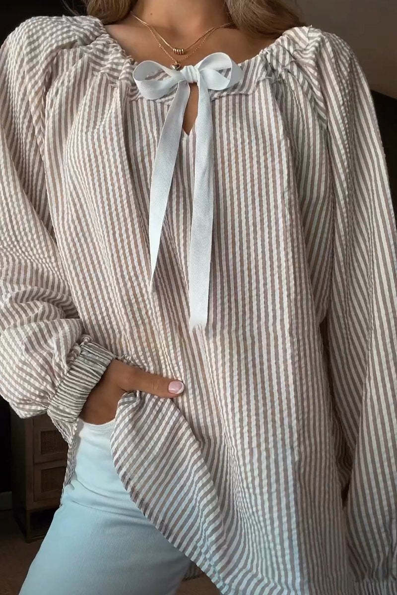 Angelie | Damen Streifenbluse Schleife Übergroß Boho Bluse