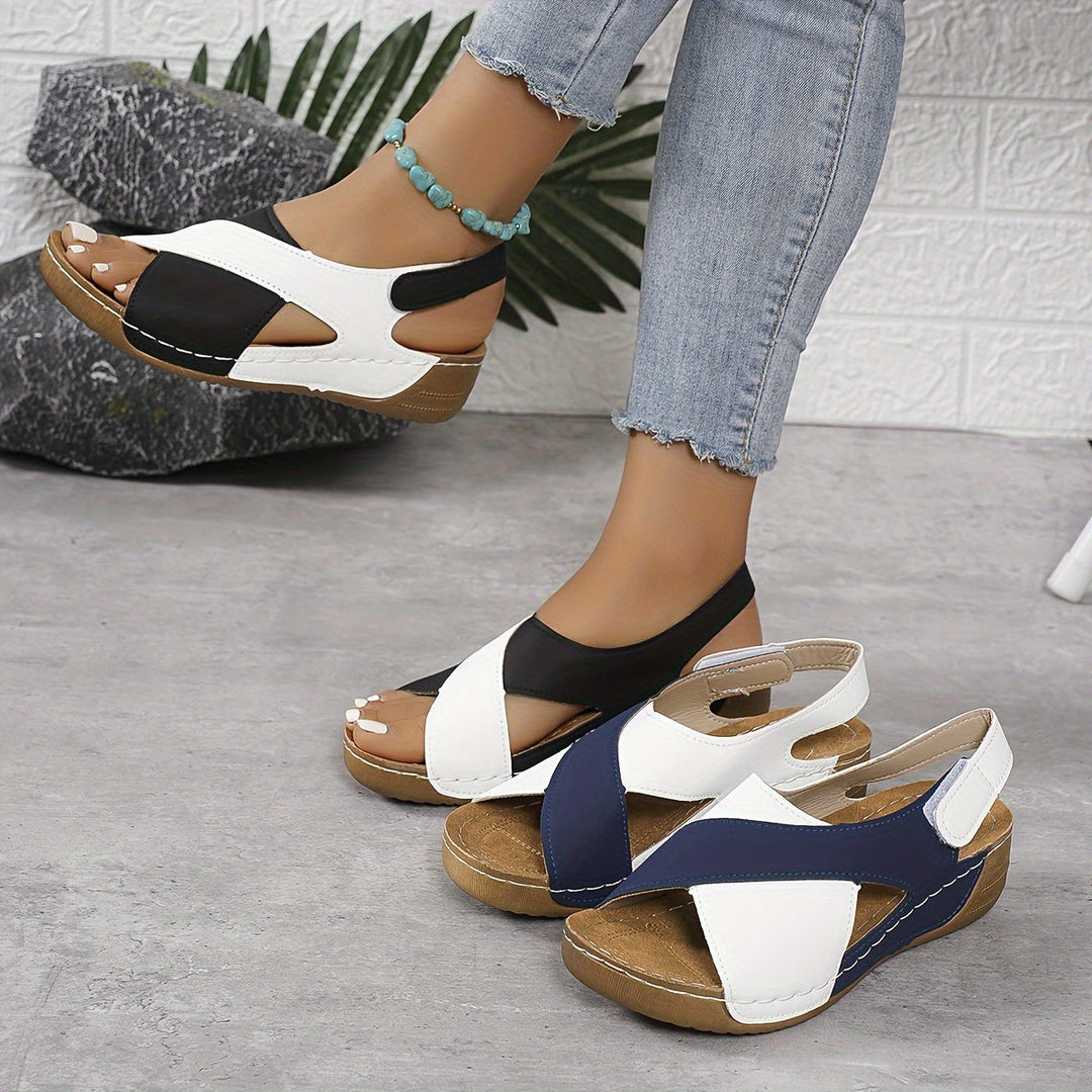 Luva | Damen Keilsandalen Zweifarbig Klettverschluss Sommer Flach