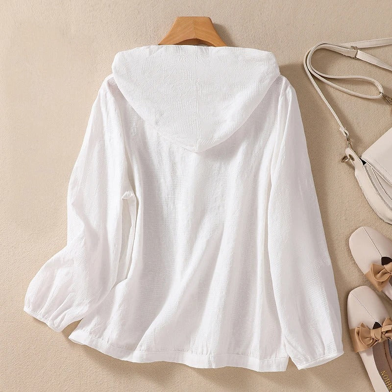 Pearl | Damen Bluse Kapuze Knopfleiste Sommerbluse