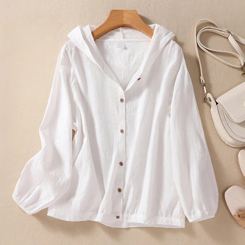 Pearl | Damen Bluse Kapuze Knopfleiste Sommerbluse