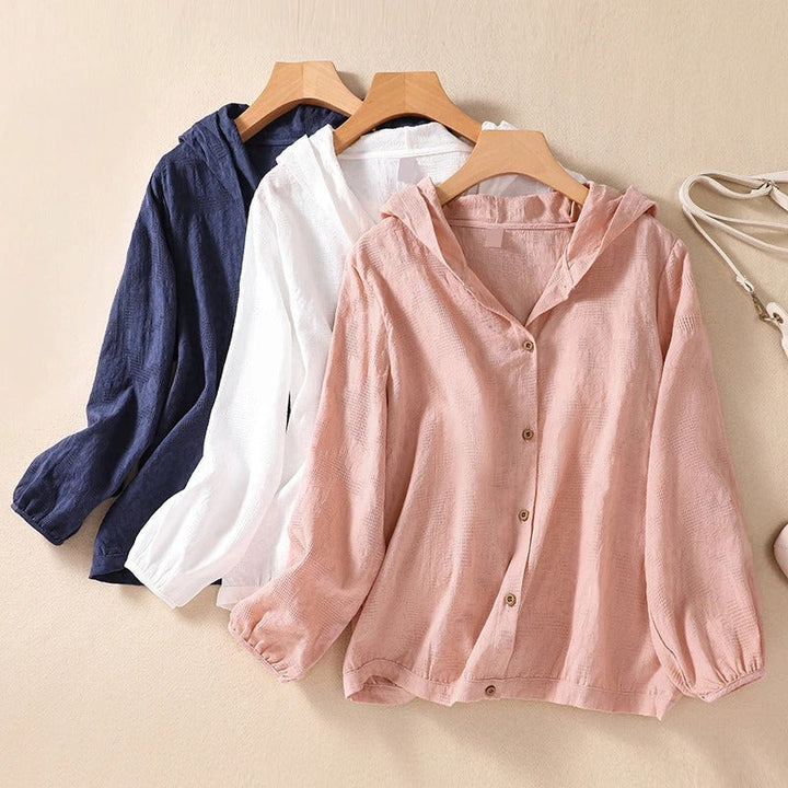 Pearl | Damen Bluse Kapuze Knopfleiste Sommerbluse