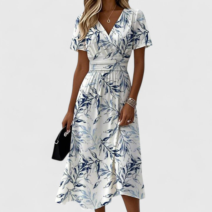 Stella | Damen Midi Kleid V-Ausschnitt Blättermuster Kurzarm Sommerkleid