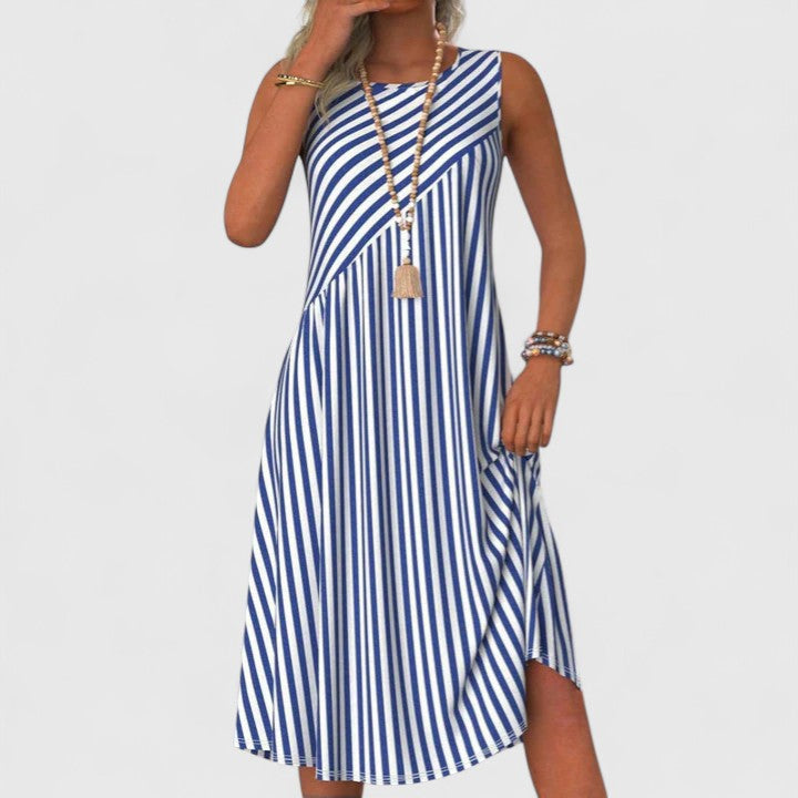 Mariza | Damen Midi Kleid Ärmellos Gestreift Sommerkleid