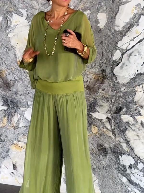 Saila | Damen Maxikleid V-Ausschnitt Fledermausärmel Unifarbe