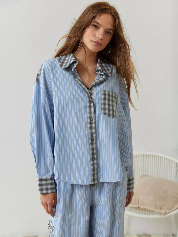 Jessa | Damen Pyjama Set Gestreift Hemd Hose Locker