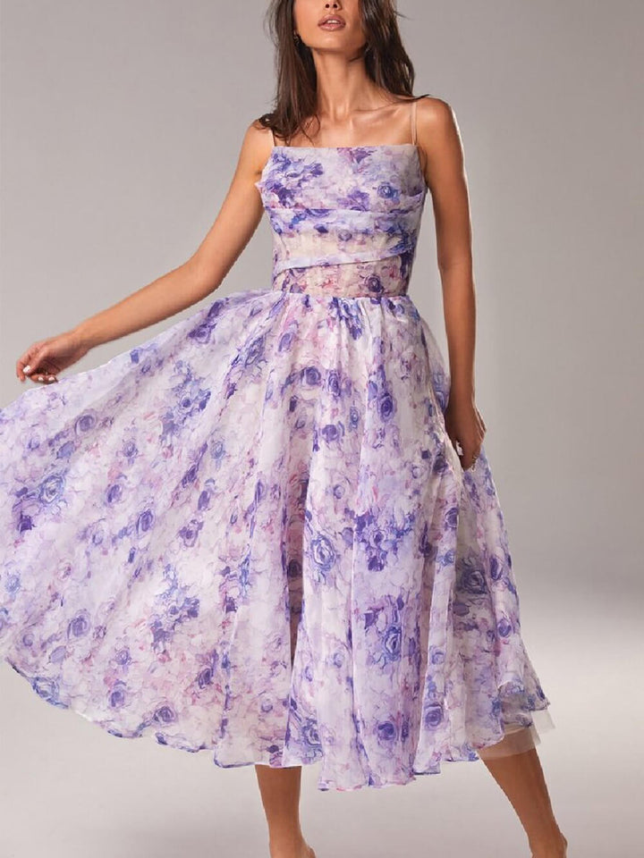 Belle | Damen Midi-Kleid Träger Rosenprint Ausgestellter Rock