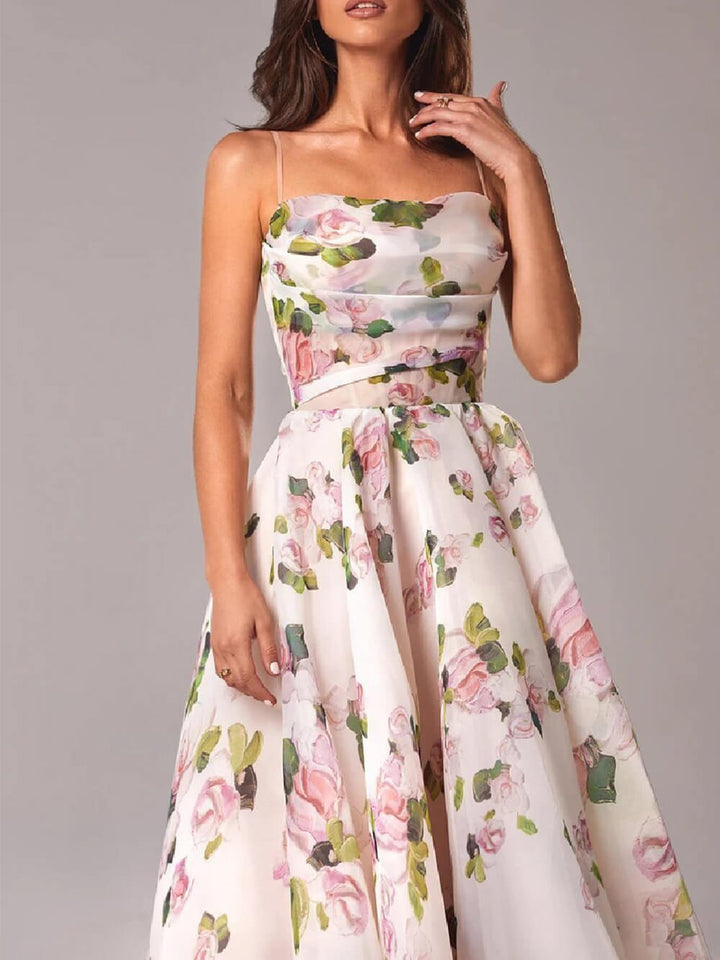 Belle | Damen Midi-Kleid Träger Rosenprint Ausgestellter Rock