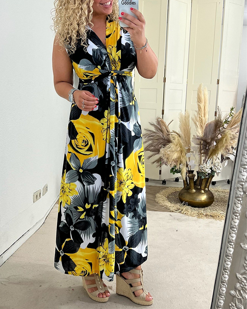 Bless | Damen Maxi Kleid Ärmellos Blumendruck V-Ausschnitt Sommer