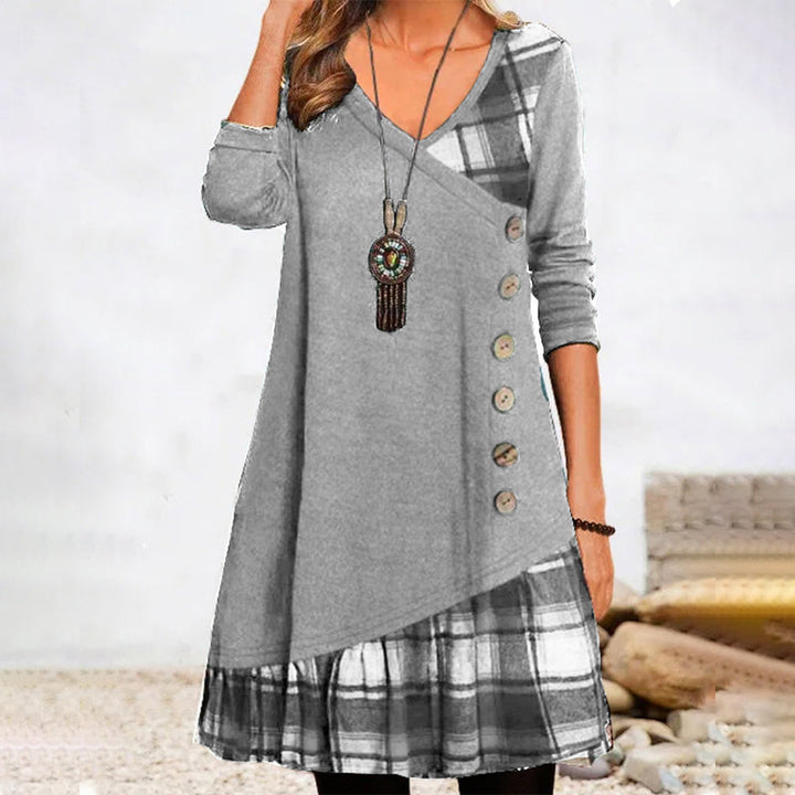 Lena | Damen Longshirt Kleid Kariert V-Ausschnitt Asymmetrisch