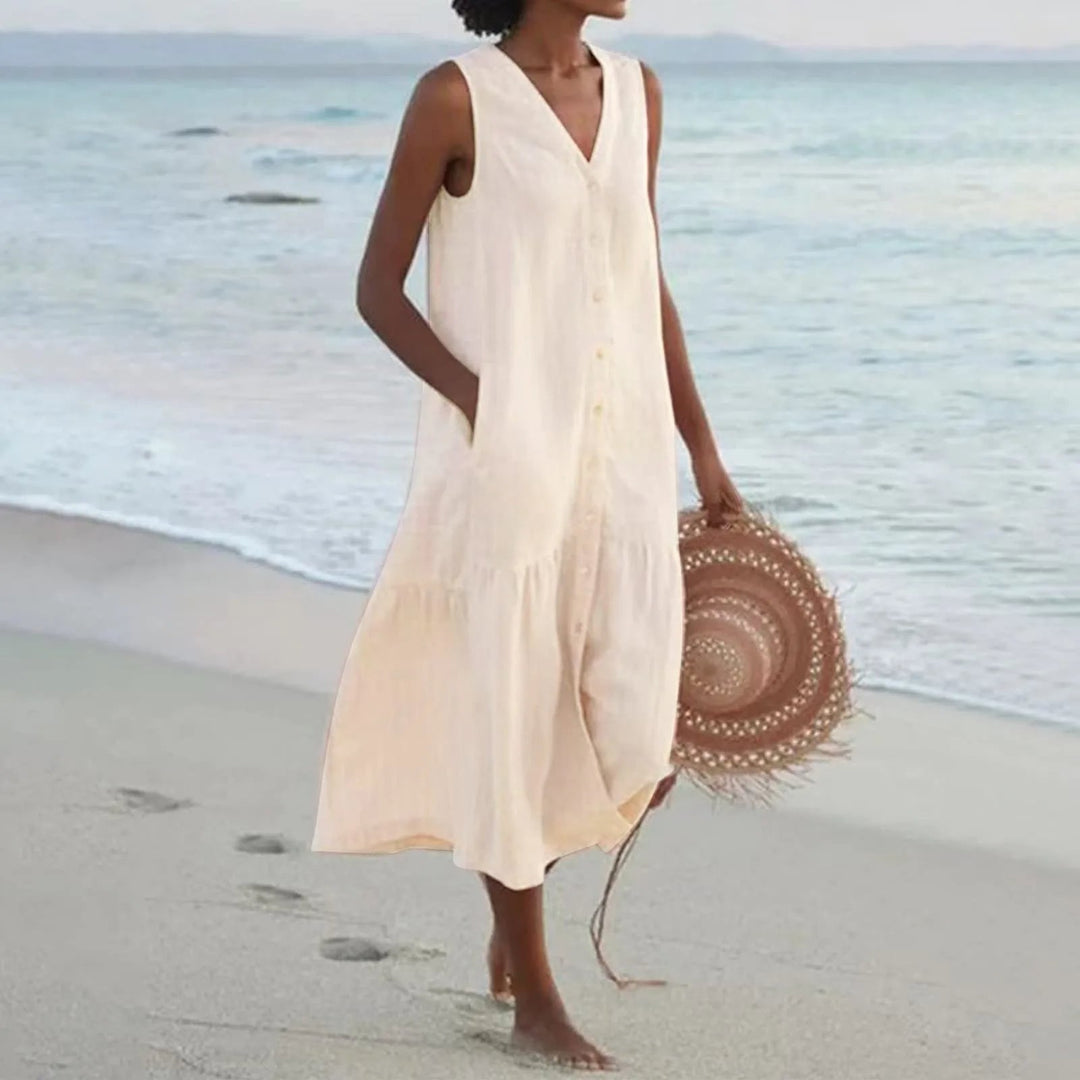 Lena | Ärmelloses Leinenkleid Damen V-Ausschnitt Midi Sommerkleid