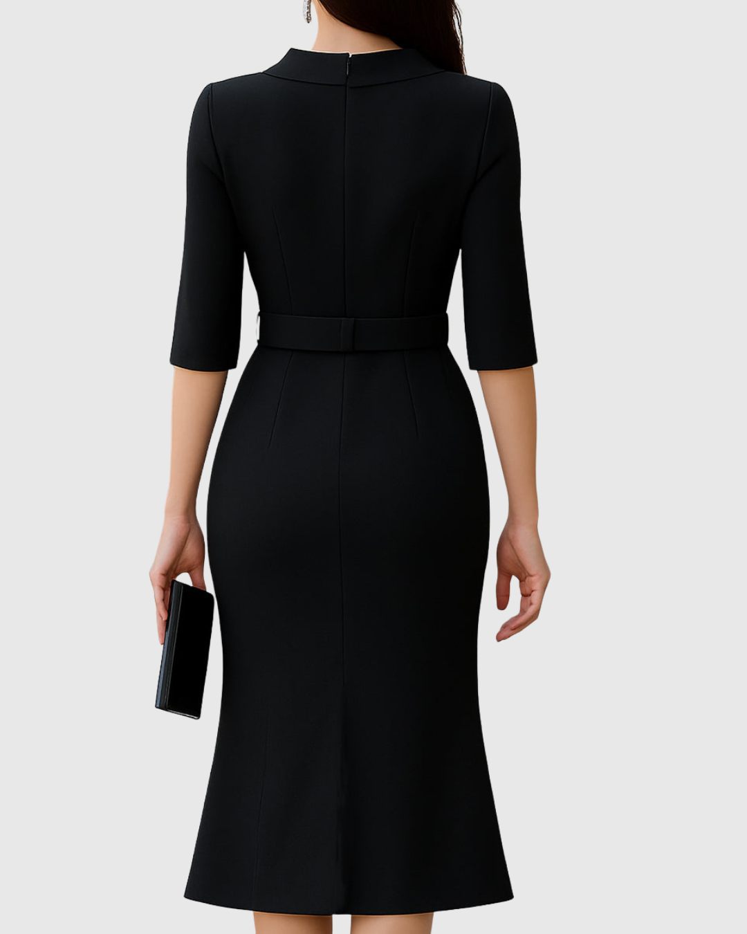 Audrey | Damen Schwarzes Midi Kleid mit Gürtel 3/4 Arm Elegantes Kleid
