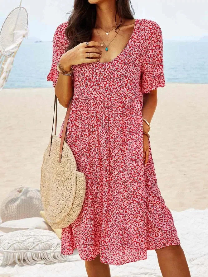 Mara | Damen Sommerkleid Blumen Kurzarm V-Ausschnitt mit Taschen