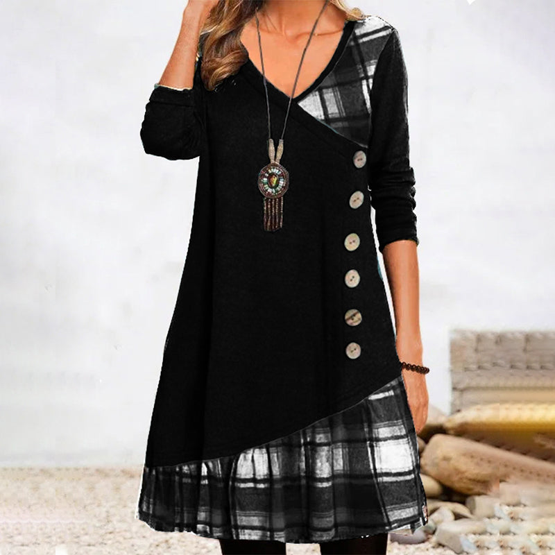 Lena | Damen Longshirt Kleid Kariert V-Ausschnitt Asymmetrisch