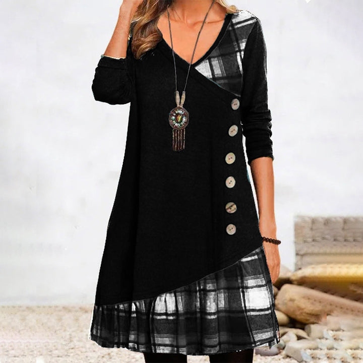 Lena | Damen Longshirt Kleid Kariert V-Ausschnitt Asymmetrisch