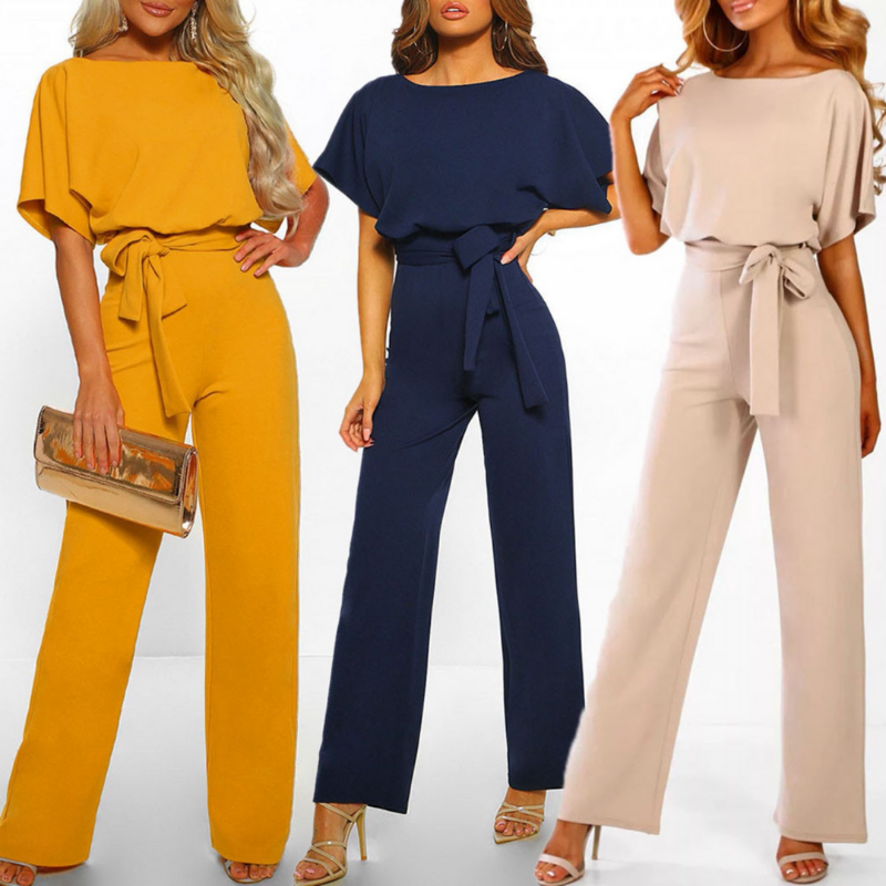 Bella | Damen Jumpsuit Weites Bein Bindegürtel Kurzarm Elegant