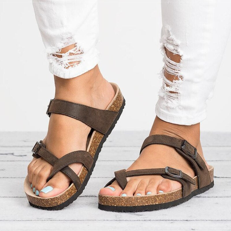 Gezel | Damen Kork Sandalen Zehensteg Schnalle Flach Sommer