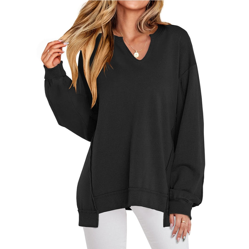 Nele | Damen Oversize Sweatshirt V-Ausschnitt Tunika Langarm Top