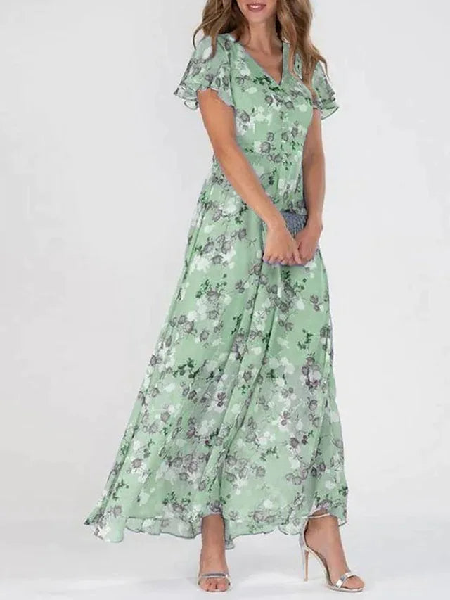 Sofia | Damen Maxikleid Blumenmuster Kurzarm V-Ausschnitt Sommerkleid