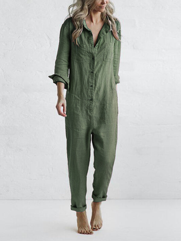Frida | Damen Jumpsuit Langarm Knopfleiste Locker