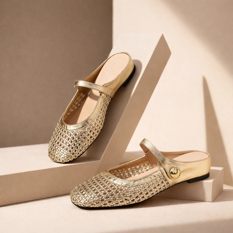 Goldie | Damen Mules Flach Mary Jane Geflochten Metallic Slipper