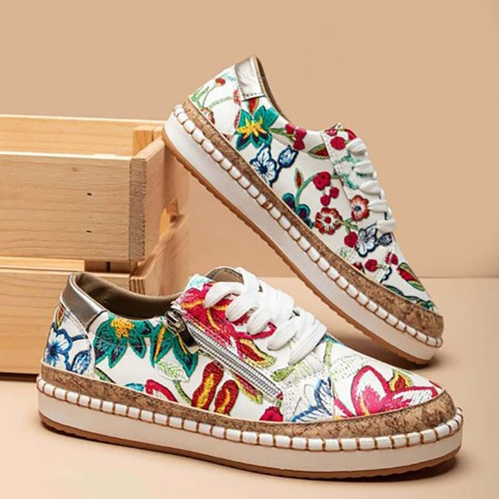 Meffa | Damen Plateau Sneaker Blumenmuster Reißverschluss Espadrille Stil