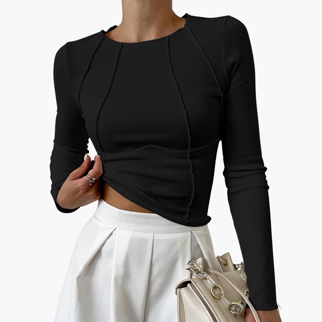 Mila | Damen Ripp Langarmshirt Cropped mit Ziernähten