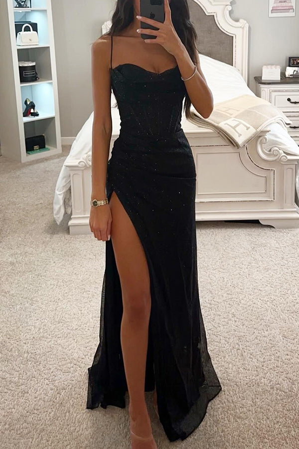Serena | Damen Pailletten Maxikleid Korsett Abendkleid Schlitz