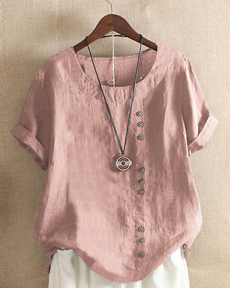 Janice | Damen bluse Kurzarm Rundhals Knopfleiste Sommer