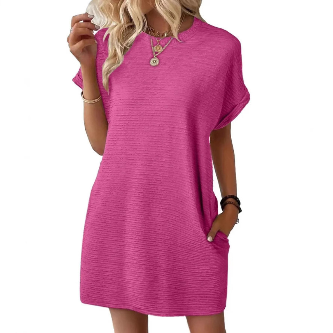 Siona | Damen T-Shirt Kleid Kurzarm Rundhals Mini Unifarbe