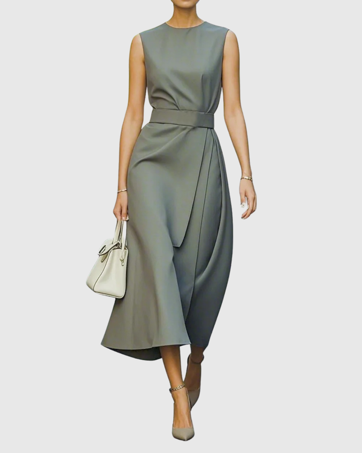 Amber | Damen Midi Kleid Ärmellos Rundhals Taillendrapierung Elegantes Kleid