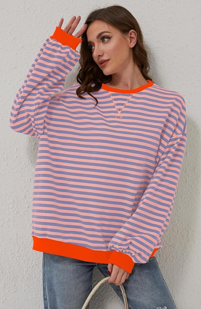 Billie | Damen Übergroß Sweatshirt Gestreift Rundhals Langarm