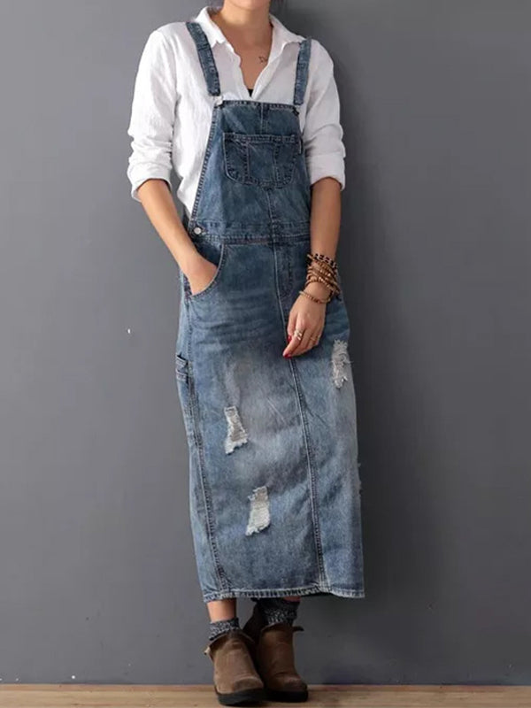 Franzi | Damen Latzkleid Jeans Lang mit Taschen Distressed