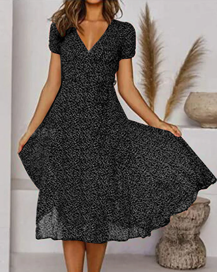 Mia | Damen Midi Kleid V-Ausschnitt Kurzarm A-Linie Sommerkleid