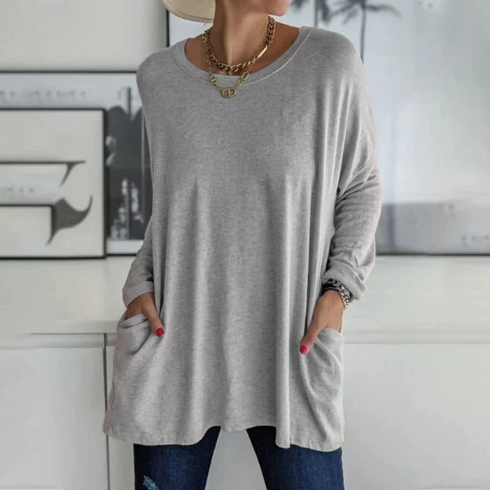 Noja | Damen Longshirt Übergroß Rundhals Seitentaschen Herbst