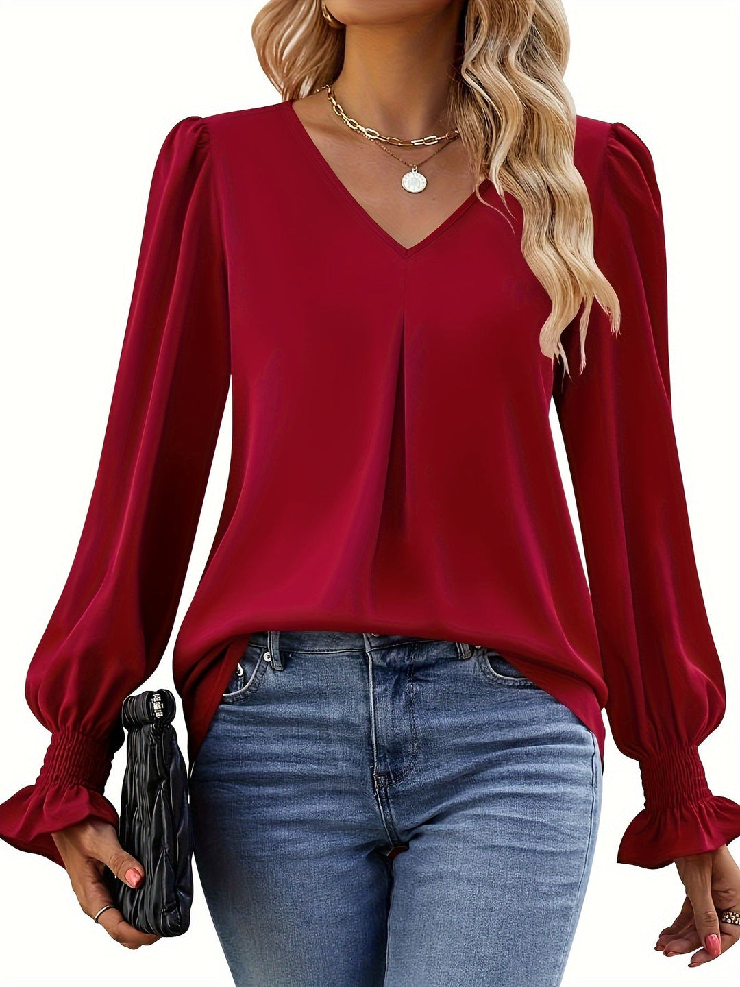 Lefa | Damen Chiffon Bluse V-Ausschnitt Laternenärmel Frühling