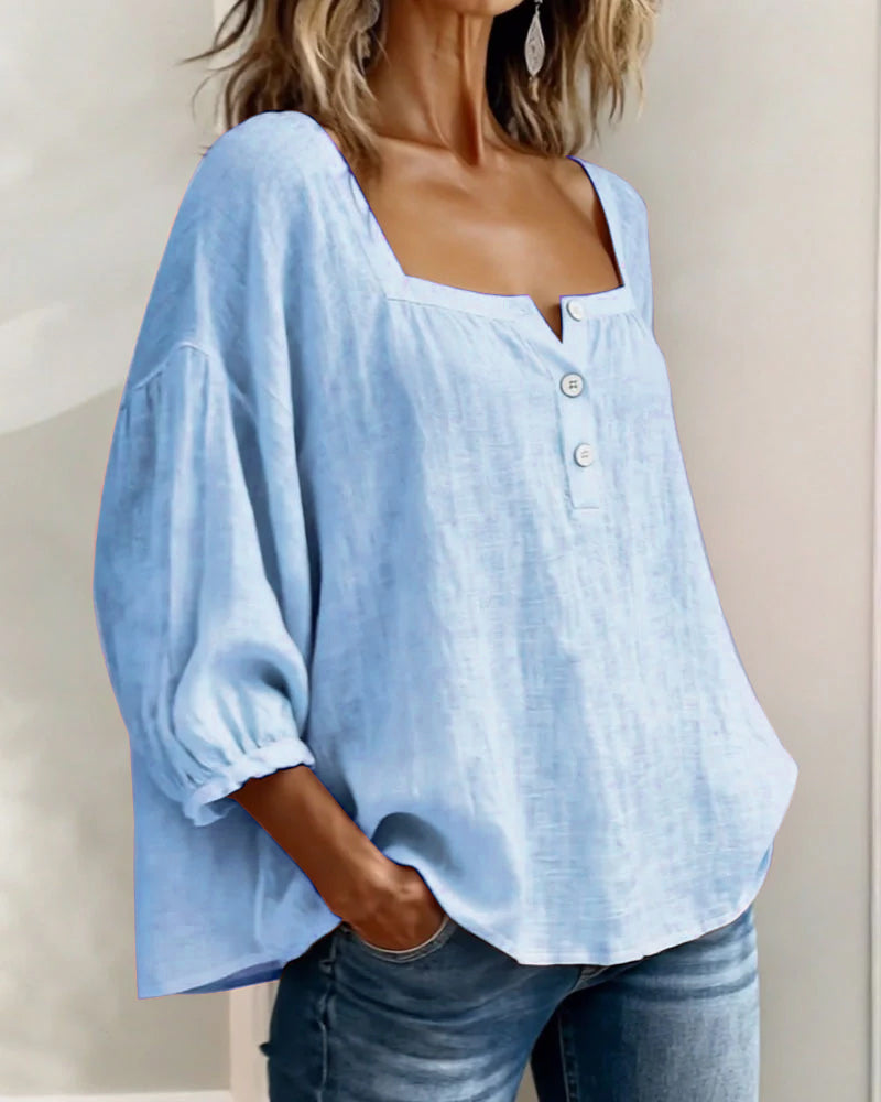 Emma | Damen Bluse Eckiger Ausschnitt 3/4-Arm Puffärmel