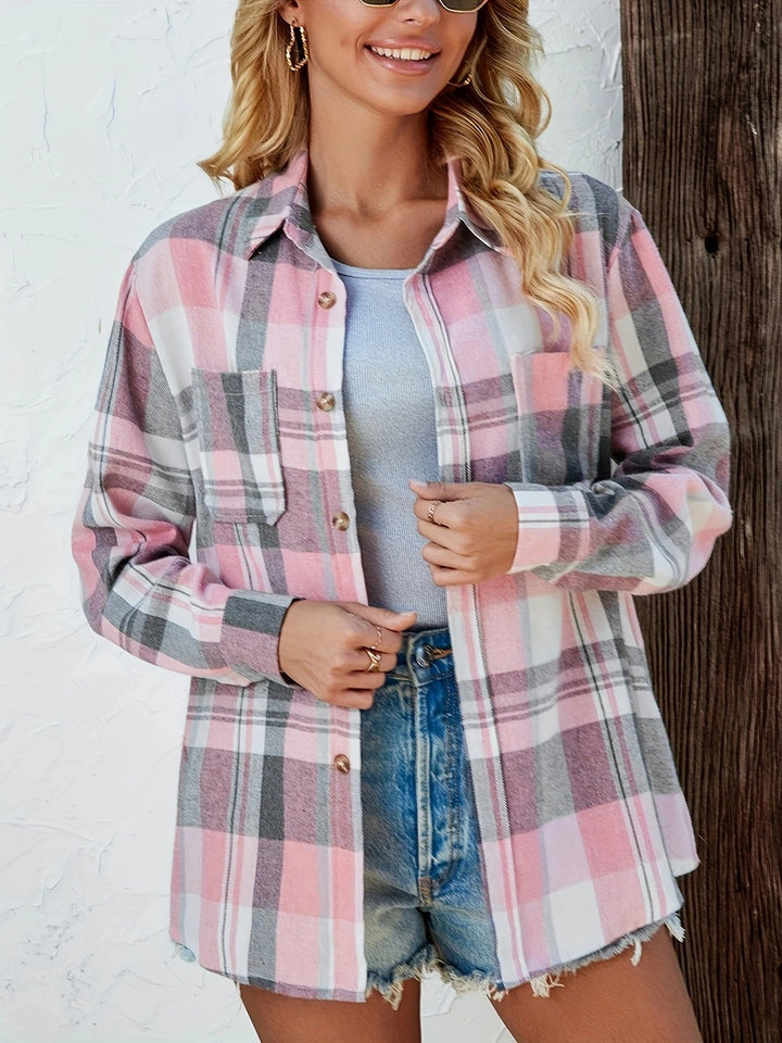Kessia | Damen Flanellhemd Kariert Oversized Langarm Herbst