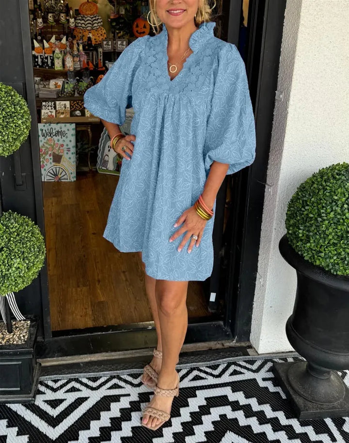 Lena | Damen Sommerkleid Kurzarm V-Ausschnitt Volant Mini