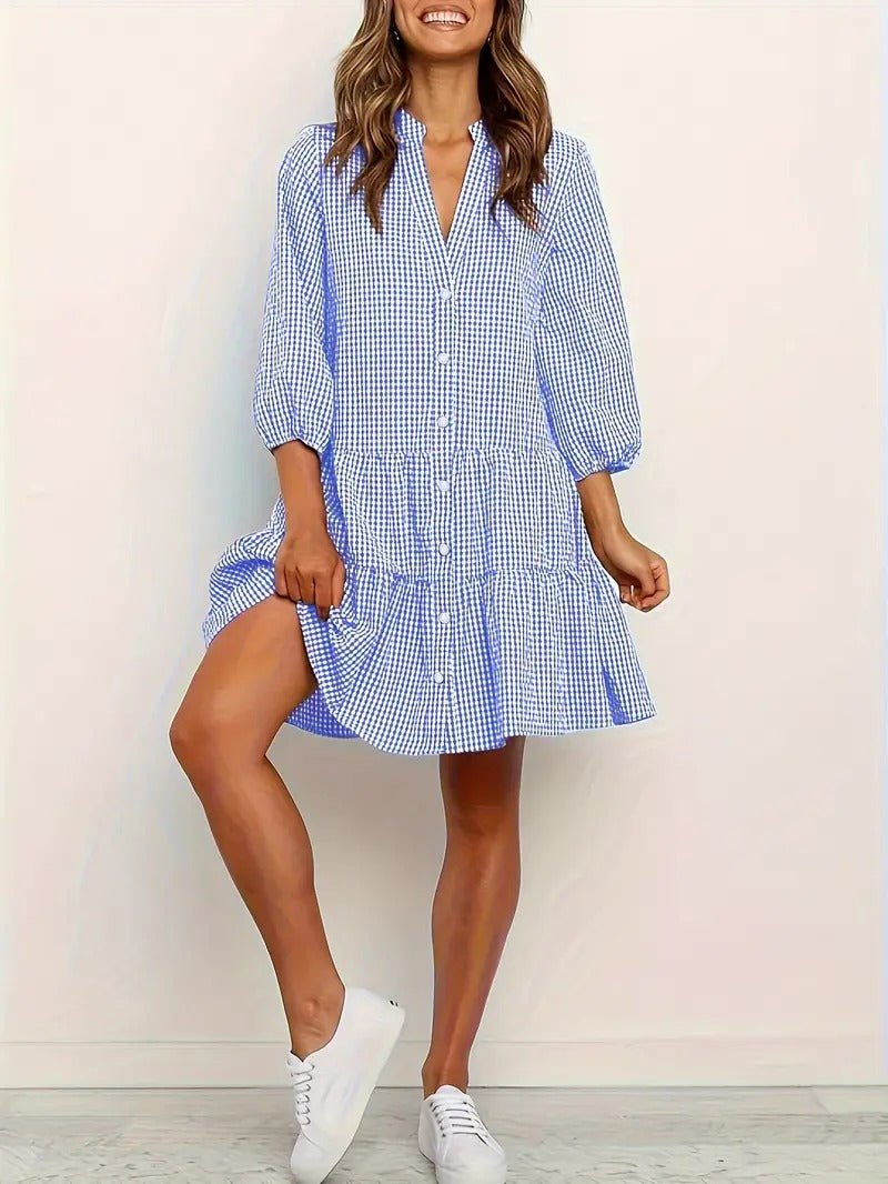Pippa | Damen Hemdkleid Karo 3/4 Arm Knopfleiste mit Rüsche