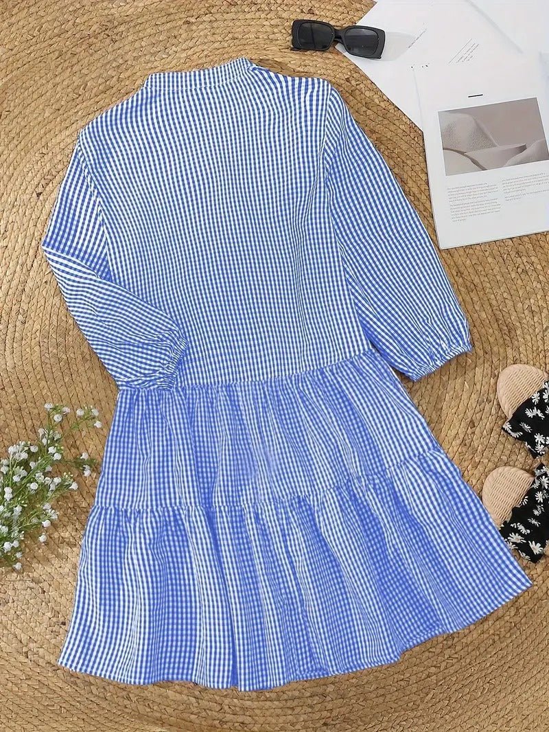 Pippa | Damen Hemdkleid Karo 3/4 Arm Knopfleiste mit Rüsche