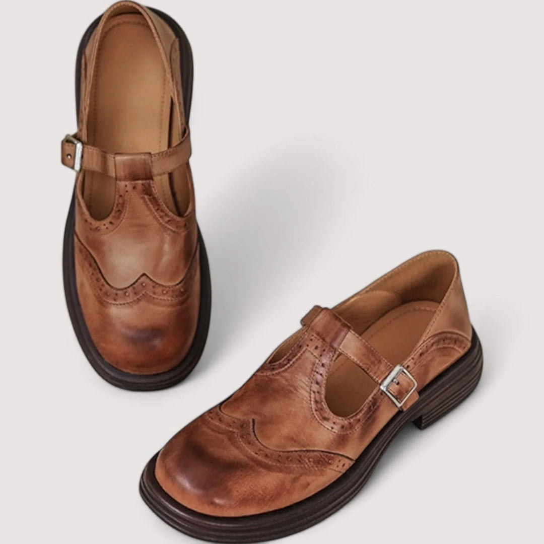 Rosa | Damen Mary Jane Schuhe Brogues Schnalle Flach Leder-Optik