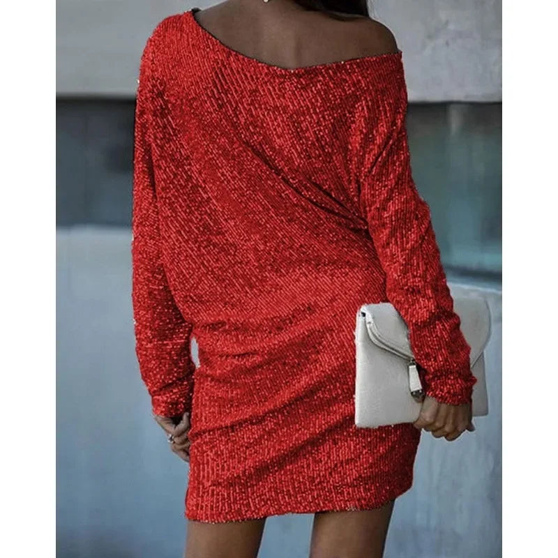 Nova | Damen Pailletten Minikleid One-Shoulder Langarm Partykleid