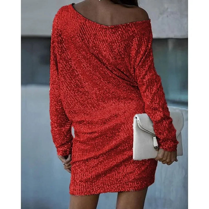 Nova | Damen Pailletten Minikleid One-Shoulder Langarm Partykleid