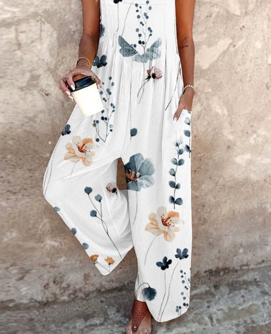 Sunny | Damen Latzhose Ärmellos Blumendruck Weites Bein Sommer