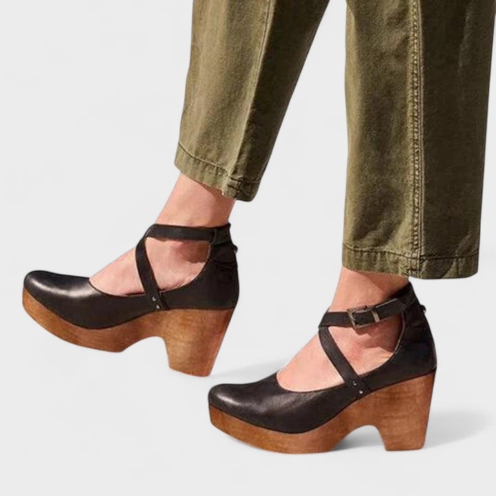 Ava | Damen Holz-Absatz Sandalen Riemchen Blockabsatz Pumps