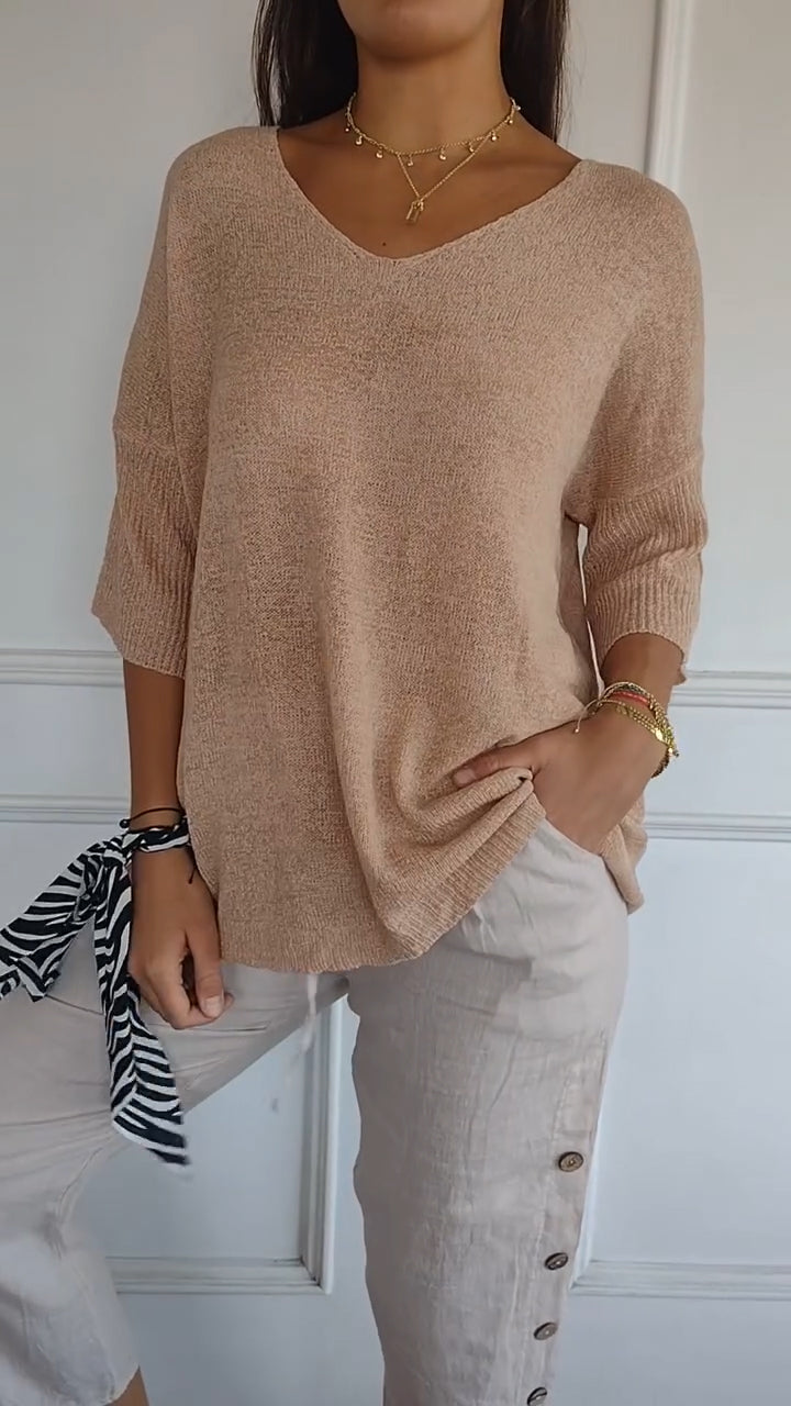 Tina | Damen Strickpullover 3/4 Arm V-Ausschnitt Übergroß Koralle