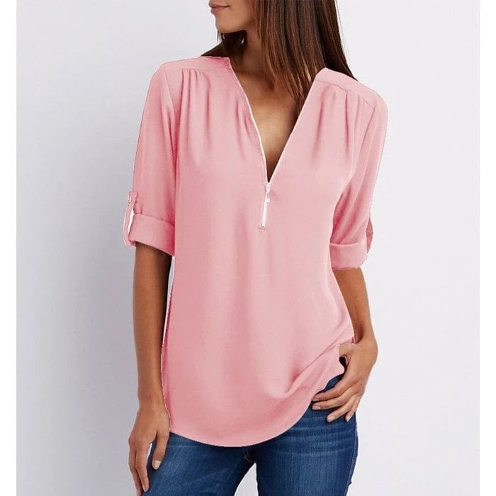 Jolie | Damen Bluse V-Ausschnitt Reißverschluss Halbarm