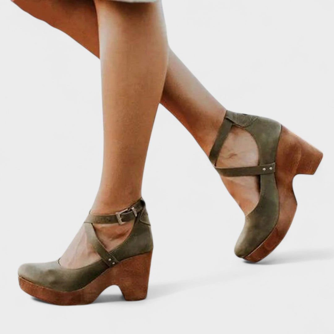Ava | Damen Holz-Absatz Sandalen Riemchen Blockabsatz Pumps