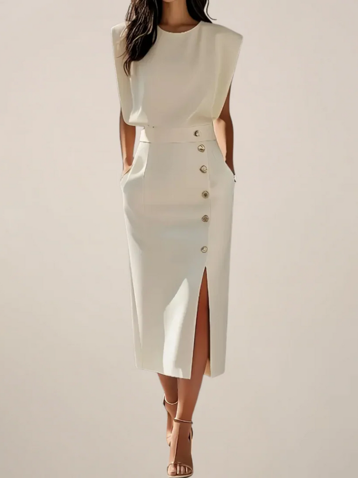 Lena | Damen Midi-Kleid Ärmellos Knopfleiste Seitenschlitz