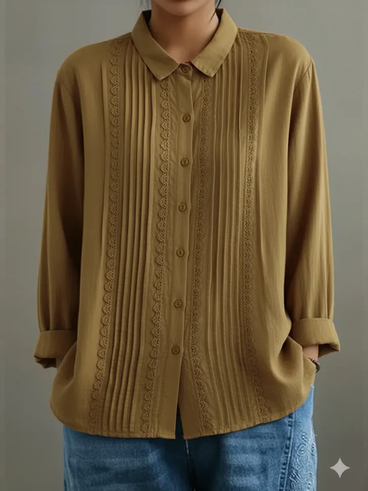Odette | Damen Bluse Langarm Spitzendetail Plissee Hemdbluse